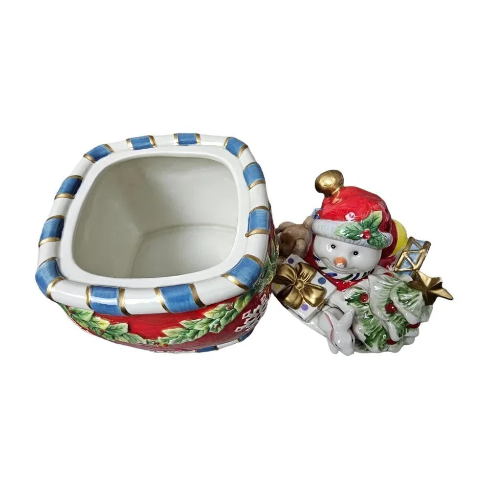 Fitz and Floyd Holiday Snowman Cookie/Candy Lidded Ceramic Jar